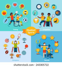 Disabled sport design concept set with training competition champions record flat icons isolated vector illustration