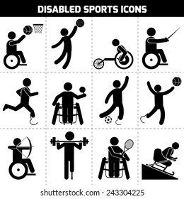 Disabled sports black pictogram invalid people icons set isolated vector illustration