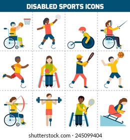 Disabled sports design concept with handicapped people playing football fencing cycling icons set isolated vector illustration