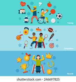 Disabled sports flat horizontal banners set with training competition records isolated vector illustration