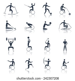 Disabled sports icons black set with handicapped athletes skiing cycling powerlifting isolated vector illustration