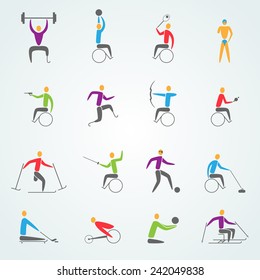 Disabled sports icons set with invalid athletes competition symbols isolated vector illustration