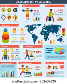 Disabled sports infographics set with playing people charts and world map vector illustration