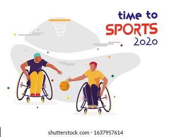 Disabled Sportsmen Playing Basketball and Hoop on White Background for Time to Sports 2020.