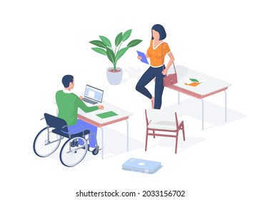 Disabled Student In Individual Lesson. Guy In Wheelchair Sits Desk With Laptop. Woman With Tablet Giving Lecture. Quality Education For People With Disabilities. Vector Realistic Isometry