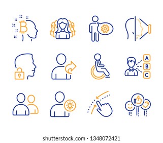 Disabled, Swipe up and Users icons simple set. Opinion, Bitcoin think and Refer friend signs. User idea, Unlock system and Cogwheel symbols. Women group, Face id and Like. Line disabled icon. Vector
