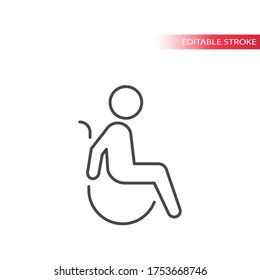 Símbolo desactivado, hombre en icono de vector de línea delgada en silla de ruedas. Signo de discapacidad, contorno y totalmente editable.