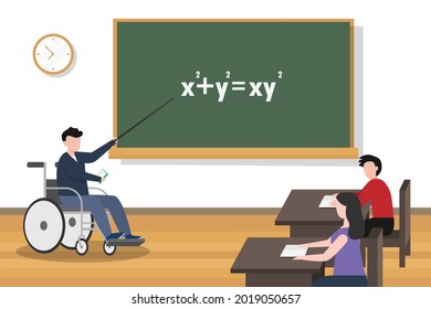 Concept vectoriel d'enseignant handicapé: Enseignant handicapé en mathématiques à son étudiant dans la classe
