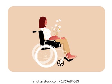 Disabled or temporary disabled sick stylish young woman sitting in wheelchair with bouquet of flowers. Female character. Side view vector illustration in flat cartoon style.