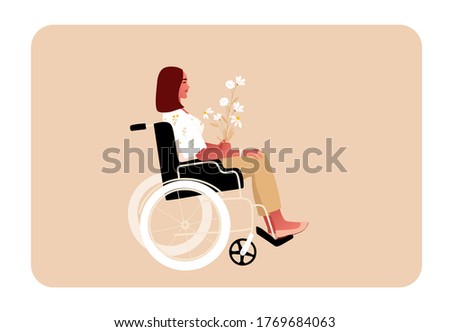 Disabled or temporary disabled sick stylish young woman sitting in wheelchair with bouquet of flowers. Female character. Side view vector illustration in flat cartoon style.