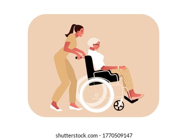 Disabled or temporary disabled stylish sick senior woman sitting in wheelchair. Nurse helps. Female character. Side view vector illustration in flat cartoon style.