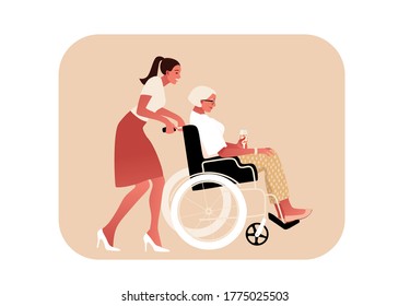 Disabled or temporary disabled stylish sick senior woman sitting in wheelchair. Granddaughter helps. Female character. Side view vector illustration in flat cartoon style.