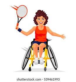 Disabled tennis player with a racket in her hand in a wheelchair. Vector illustration on white background. Sports concept.