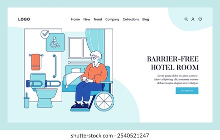 Disabled travel concept. An accessible hotel room designed to accommodate guests with disabilities. Inclusive tourism, mobility support. Vector illustration.