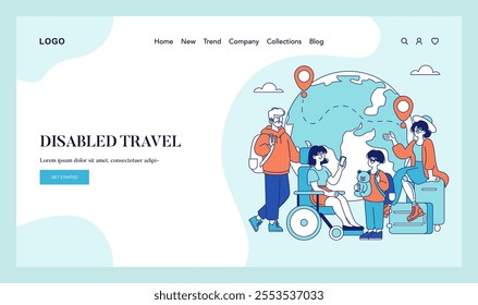 Disabled Travel concept. Illustration of inclusive tourism with wheelchair users planning a trip on a global map. Accessibility, companionship, and adventure. Vector illustration.