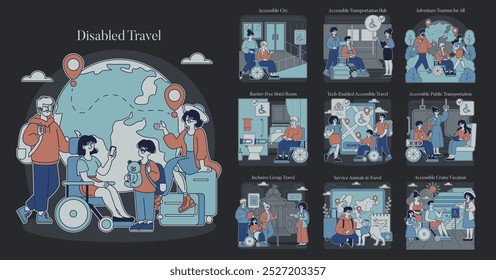 Conjunto de Viagens Desabilitado. Ilustrando a inclusividade com cenas de turismo acessível e transporte. Apresenta viagens em todo o mundo, cidade e grupo. Ilustração vetorial.