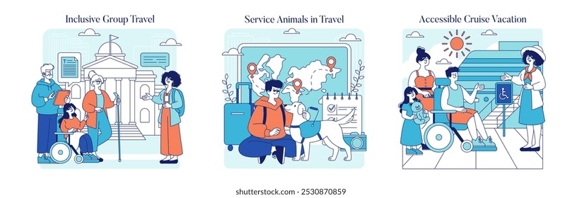 Conjunto de viaje deshabilitado. Ilustración de turismo inclusivo, animales de servicio y vacaciones de crucero accesibles. Enfatiza las experiencias sin barreras para todos. Ilustración vectorial.