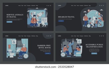 Conjunto de viaje deshabilitado. Ilustración de experiencias de viaje inclusivas y alojamientos para personas con discapacidad. Animales de servicio, habitaciones de hotel accesibles y transporte público. Vector