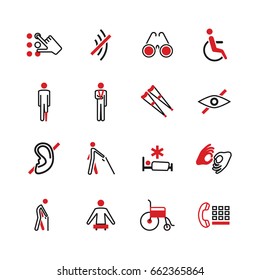 Disabled vector icons. Disability human, braille language and special assistance illustration