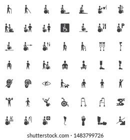 Disabled vector icons set, modern solid symbol collection, filled style pictogram pack. Signs, logo illustration. Set includes icons as disabled man with walker, handicapped patient, wheelchair ramp