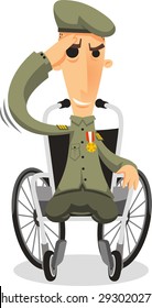 Disabled veteran soldier in wheelchair, vector illustration cartoon. 