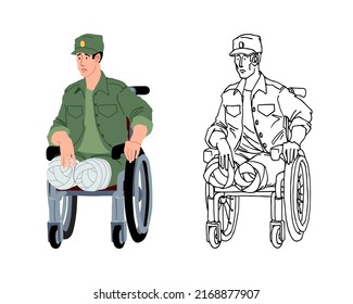 A disabled veteran of the war. A legless soldier in a wheelchair. Vector illustration isolated on a white background in cartoon style.