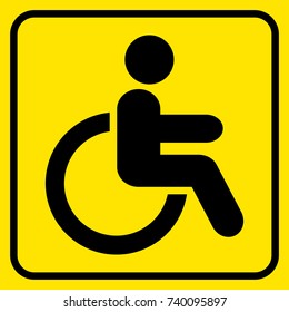 Disabled. Warning sign.  Man in  wheelchair. Black on yellow. Vector illustration.