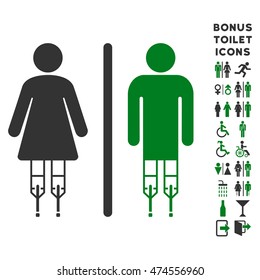 Disabled WC Persons icon and bonus man and woman WC symbols. Vector illustration style is flat iconic bicolor symbols, green and gray colors, white background.