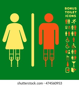 Disabled WC Persons icon and bonus gentleman and woman restroom symbols. Vector illustration style is flat iconic bicolor symbols, orange and yellow colors, green background.