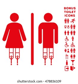 Disabled WC Persons icon and bonus man and woman restroom symbols. Vector illustration style is flat iconic symbols, red color, white background.