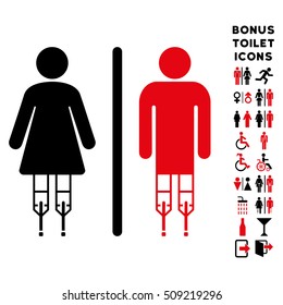 Disabled WC Persons icon and bonus male and lady toilet symbols. Vector illustration style is flat iconic bicolor symbols, intensive red and black colors, white background.