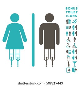 Disabled WC Persons icon and bonus man and lady WC symbols. Vector illustration style is flat iconic bicolor symbols, grey and cyan colors, white background.
