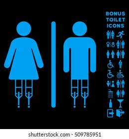 Disabled WC Persons icon and bonus gentleman and lady lavatory symbols. Vector illustration style is flat iconic symbols, blue color, black background.
