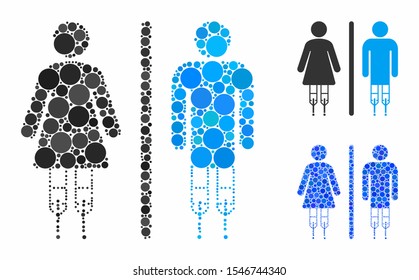 Disabled WC persons mosaic of round dots in various sizes and color hues, based on disabled WC persons icon. Vector round dots are grouped into blue composition.