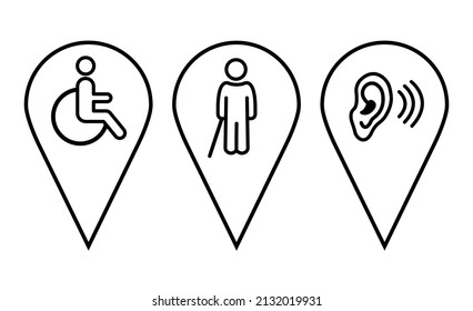 Disabled, wheelchair concept vector icon set. Set pin map marker pointer icon. Location icons indicating handicapped parking, people with disabilities