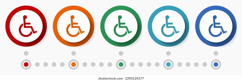 Desactivado, conjunto de iconos vectoriales de concepto de silla de ruedas, botones coloridos de diseño plano, plantilla infográfica en 5 opciones de color