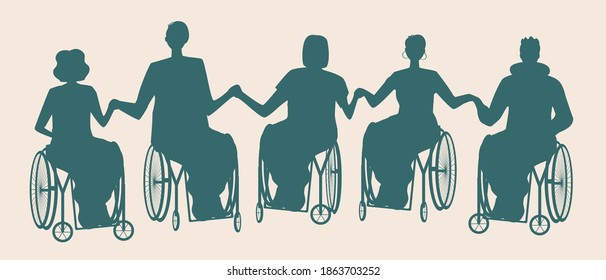 Behinderte Rollstuhlfahrer halten Hände einzeln. Silhouette Vektorgrafik. Konzept der Rehabilitation von Menschen mit Behinderungen, Gemeinschaft von Menschen. Illustration mit Unterstützung, Hilfe. Selbsthilfegruppen