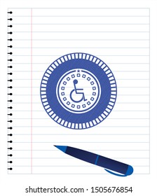 disabled (wheelchair) icon draw (pen strokes). Blue ink. Vector Illustration. Detailed.