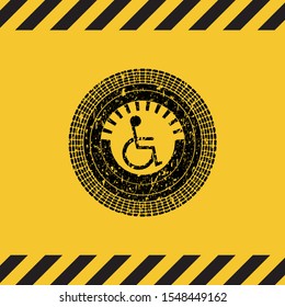 disabled (wheelchair) icon grunge black emblem with yellow background, warning sign. Vector Illustration. Detailed.