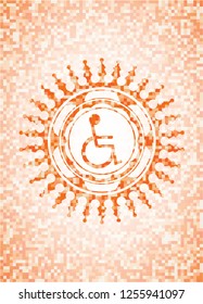 disabled (wheelchair) icon inside abstract orange mosaic emblem with background