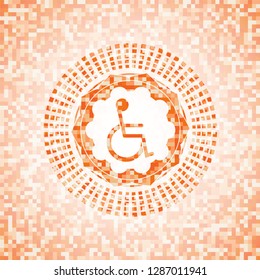 disabled (wheelchair) icon inside abstract emblem, orange mosaic background
