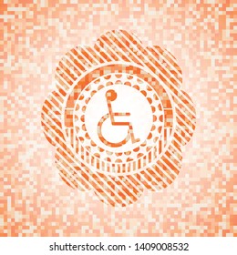disabled (wheelchair) icon inside abstract emblem, orange mosaic background