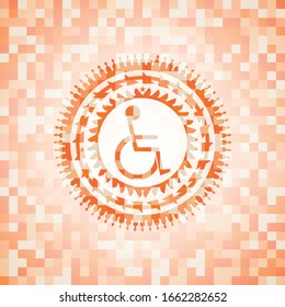 behindertes Symbol (Rollstuhl) innerhalb eines abstrakten Emblems, orangefarbener Mosaikhintergrund