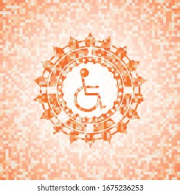 disabled (wheelchair) icon inside abstract emblem, orange mosaic background