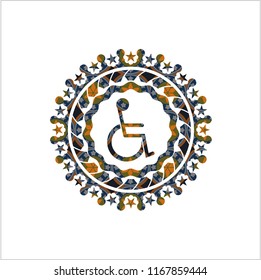 disabled (wheelchair) icon inside arabesque emblem background. arabic decoration.