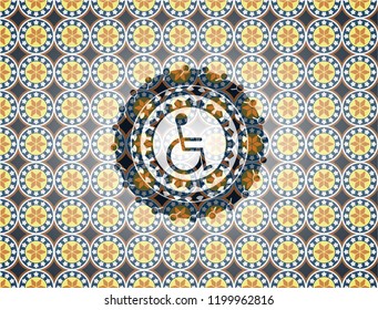 disabled wheelchair icon inside arabesque badge. arabic decoration.