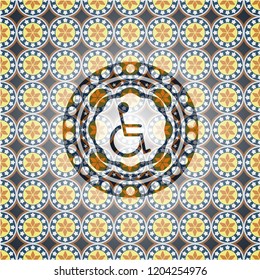 disabled (wheelchair) icon inside arabesque style badge. arabic decoration.
