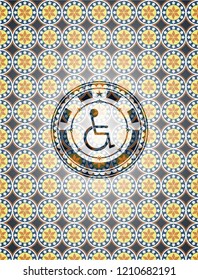 disabled (wheelchair) icon inside arabesque emblem. arabic decoration.