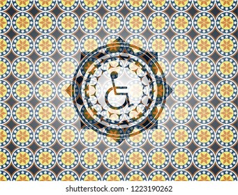 disabled (wheelchair) icon inside arabesque emblem background. arabic decoration.