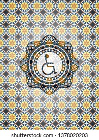 disabled (wheelchair) icon inside arabesque style emblem. arabic decoration.